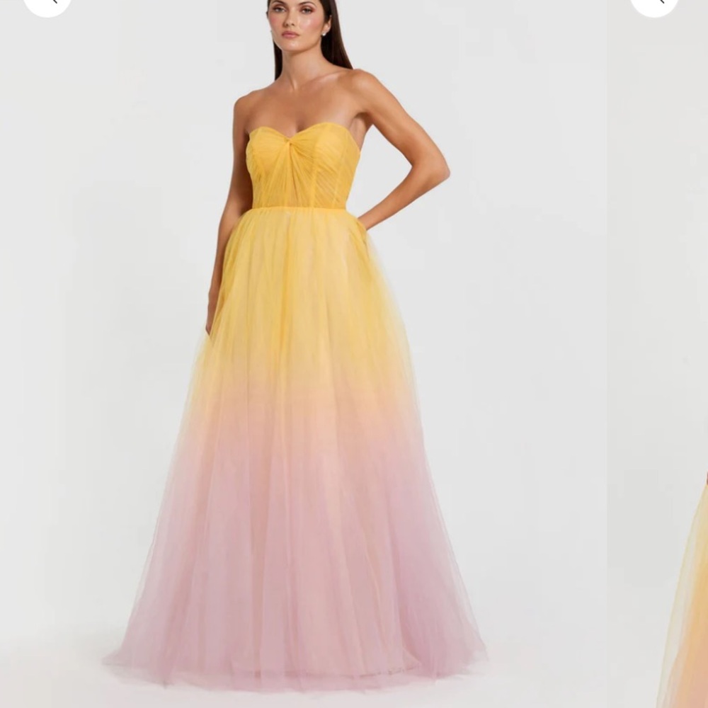Mac Duggal Strapless Ombre Tulle Ball Gown in Yellow and Pink